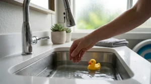 A hand testing the water in a stainless steel sink with a rubber ducky, highlighting the hard surfaces of a sink environment.