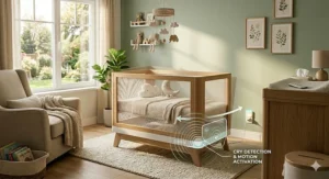 An illustration showing how a smart automatic rocking crib detects a baby crying and triggers gentle soothing motions.