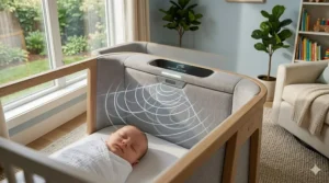 An illustration of an AI powered rocking crib activating its gentle swaying motion when the baby wakes up.