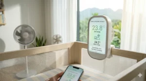 Digital display of a smart nursery monitor tracking the safe sleeping temperature of a summer cooling crib.