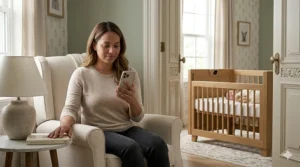 A parent using a smartphone to view a live feed from a crib with a built-in camera.