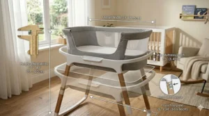 A diagram showing the adjustable height levels and compact dimensions of a modern smart rocking bassinet.