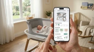 An illustration of a smartphone screen displaying a mobile app used to customize the speed and sounds of a smart rocking bassinet.