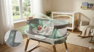 An illustration showcasing the automatic swaying motion and gentle gliding movement of a smart rocking bassinet.