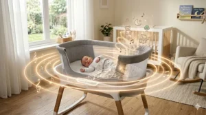 A diagram of a smart rocking bassinet emitting soothing white noise and lullaby sound waves to help a baby sleep.