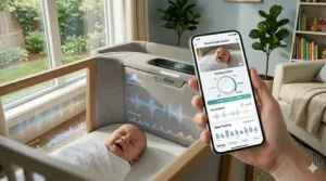 A smartphone screen displaying sleep analytics and controls for an AI powered rocking crib.