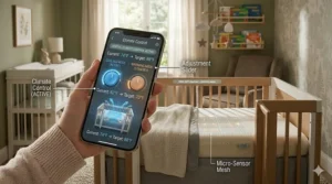An illustration of a parent using a smartphone app to monitor and adjust the microclimate settings of a temperature regulating crib.