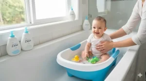 A high-detail image of a blue and white plastic baby bathtub sitting inside a standard home bathroom tub.
