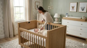 Diagram highlighting the high-definition lens of a crib with a built-in camera.