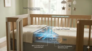 An illustrated diagram showing the built-in climate control sensors and cooling airflow layers of a temperature regulating crib.