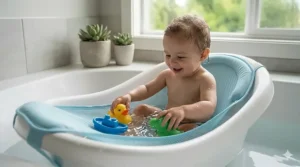 A sitting toddler playing with a yellow duck and green dinosaur toy in a baby bathtub, showing they have outgrown the sink.