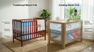 Infographic diagram comparing heat trapping in standard wood cribs versus heat dissipation in a cooling crib for summer.