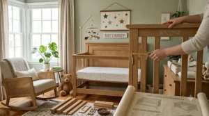 Simple infographic showing the assembly process for a 4 in 1 convertible crib.
