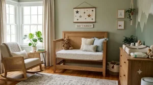 Side view of a 4 in 1 convertible crib set up in stylish daybed mode.