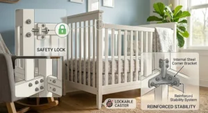 Close-up of safety locks and stable construction on a budget-friendly 4 in 1 convertible crib.