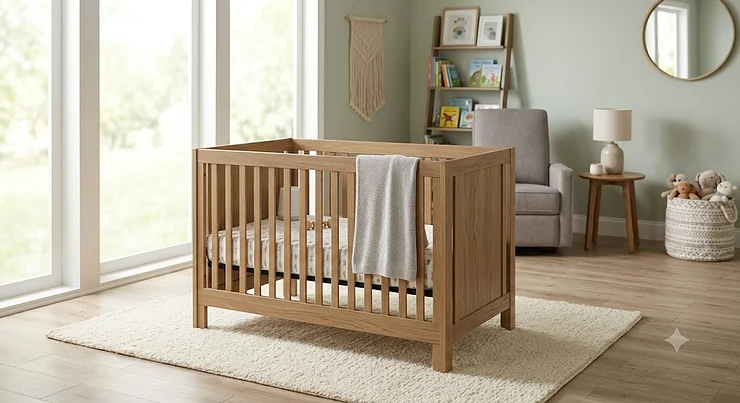 A modern 5 in 1 convertible crib set up in a nursery as a centerpiece.