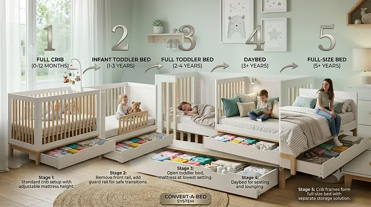 Infographic showing how a 5 in 1 crib with storage converts from infant bed to toddler bed.