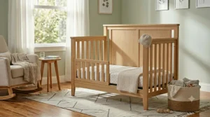 Toddler bed conversion featuring a secure safety guardrail for older babies.