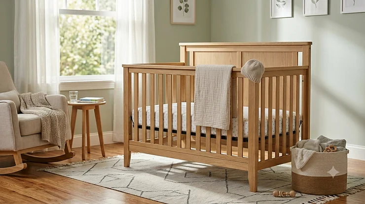 Newborn crib configuration with mattress set at the highest height position. 6 in 1 convertible crib