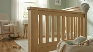 Close-up of non-toxic wood finish and sturdy spindles on a convertible crib.
