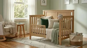 Convertible crib transformed into a cozy sofa for nursery seating.