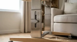 Close-up of the height adjustable bassinet stand locking mechanism showing multiple height levels.