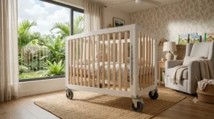 Adjustable height settings on a white rolling crib with locking wheels.