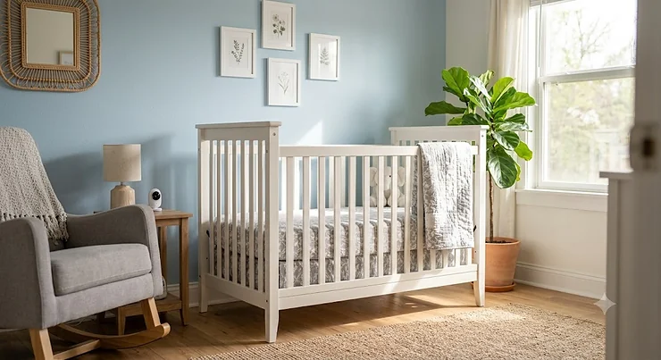 Modern, affordable 4 in 1 convertible crib set up in a cozy, neutral-toned nursery.