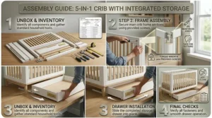 Illustrated steps for assembling a 5 in 1 crib with storage using standard household tools.