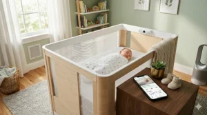 Sleek smart crib with app monitoring integrated into nursery decor