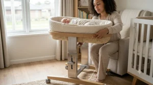 A parent adjusting the height adjustable bassinet stand to align perfectly with the bedside.