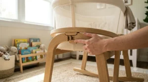 A hand engaging the integrated safety locking latch on a rocking bassinet with stand.