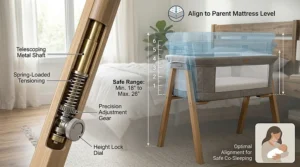 Diagram showing the multiple height adjustment settings of a bedside sleeper stand to align perfectly with various mattress levels.
