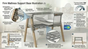 Cross-section view of the mattress support base within a bedside sleeper stand, highlighting the firm, flat surface for infant safety.