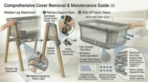 Illustration showing how to remove the fabric cover from a bedside sleeper stand for easy machine washing.