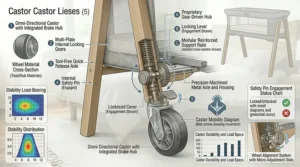 Focus on the caster wheels and locking brake system of a bedside sleeper stand, ensuring stability and mobility.