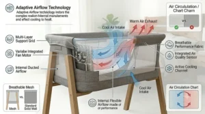 Detailed view of the breathable mesh side panel on a bedside sleeper stand to ensure proper airflow for the baby.