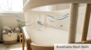 Close-up of the breathable mesh walls of a rocking bassinet, highlighted with airflow arrows.