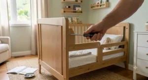 Close-up of verifying the secure bolts on a converted toddler bed.