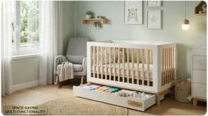 A 5 in 1 crib with storage placed in a small room to demonstrate space-saving benefits.