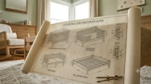 Technical line drawing showing dimensions of a 4 in 1 convertible crib.