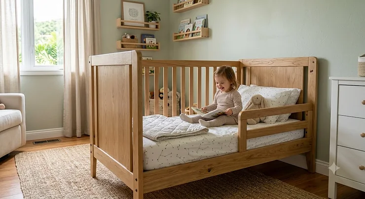Modern crib converted into a toddler bed in a styled nursery room. convertible toddler bed from crib