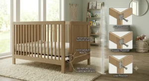 Visual breakdown of adjustable mattress heights in a 5 in 1 convertible crib.