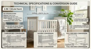 Detailed technical dimensions of an affordable 4 in 1 convertible crib design.