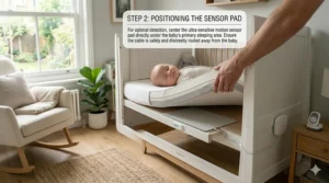 Close-up view of a sensor pad placed under the mattress of a crib with movement sensors.
