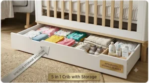 Close-up view of the spacious pull-out storage drawer integrated into the base of a 5 in 1 crib.