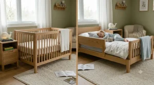 Comparison image showing a baby crib transformed into a toddler bed using a conversion kit.