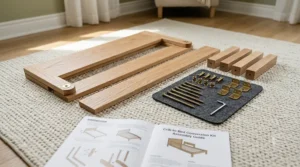 All parts included in the crib to bed conversion kit laid out for assembly.