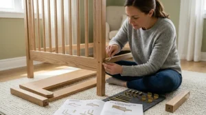 Parent using a screwdriver to install a crib to bed conversion kit on a wooden frame.