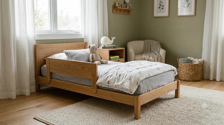 A complete crib to bed conversion kit installed on a toddler bed, showing the transition from crib to big-kid bed.